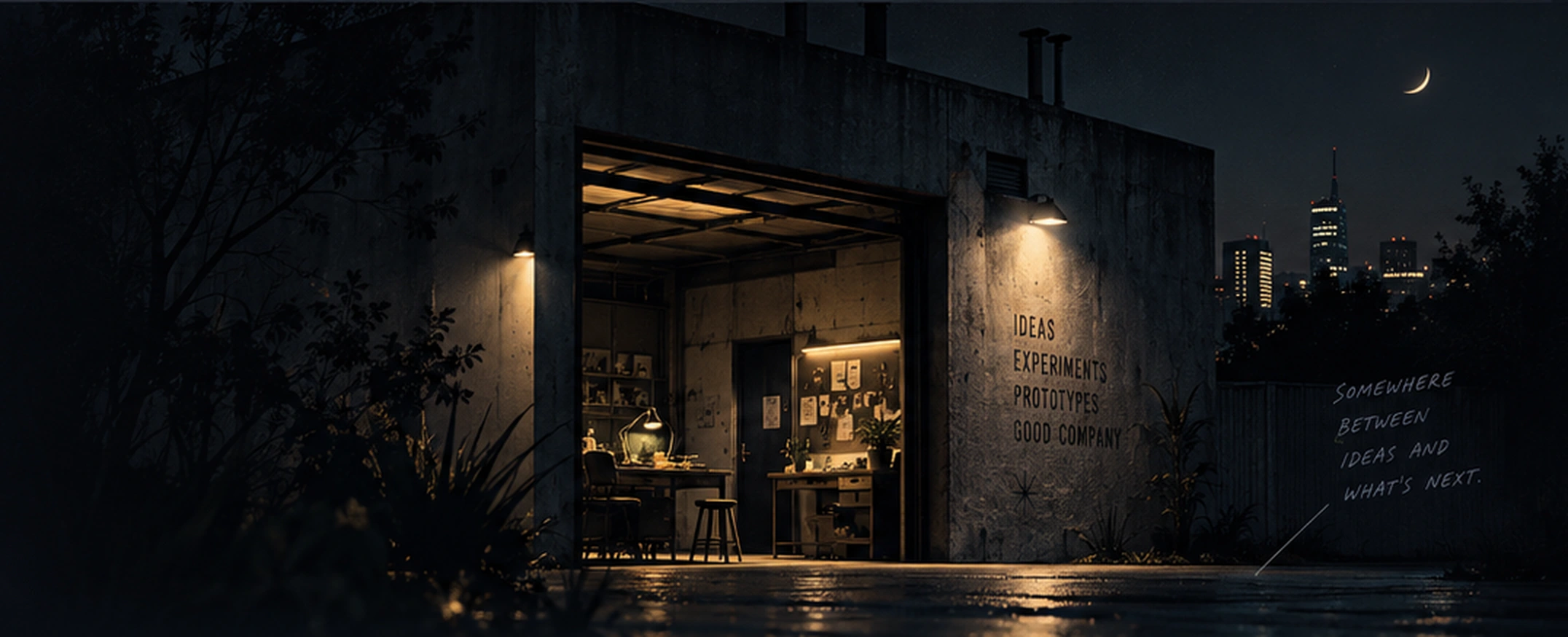An imagined concrete workshop at night, warmly lit inside, with plants, a crescent moon and a distant city skyline.